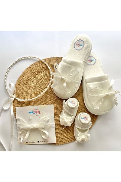 irembaby مجموعة الأمومة للأم والطفل مع اللؤلؤ الأبيض ونعال تاج الأمومة وأحذية الأطفال وعصابة شعر الطفل