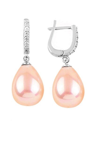 bymissmücevherat 925 Ayar Gümüş Sallantılı Pembe Damla İnci Kadın Küpe