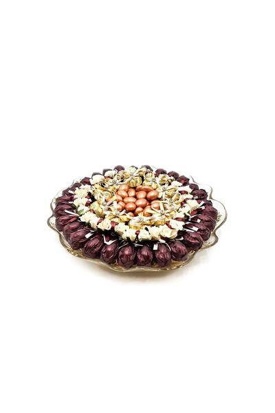 Nin Chocolate Cam Tepside Yaldızlı Dekorlu Çikolata Söz Nişan Tepsisi 1000g