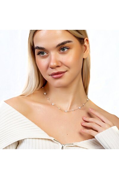 Tesbihane Gümüş Renk Kararmaz Metal Zincirli Inci Doğaltaş Kombinli Kadın Kolye