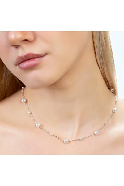 Tesbihane Gümüş Renk Kararmaz Metal Zincirli Inci Doğaltaş Kombinli Kadın Kolye