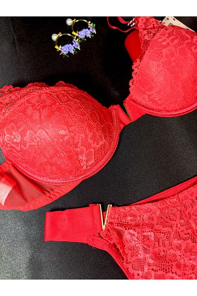 red iç giyim Vendetta Lace Embroidered Soft Cup Red Bra Panty Set
