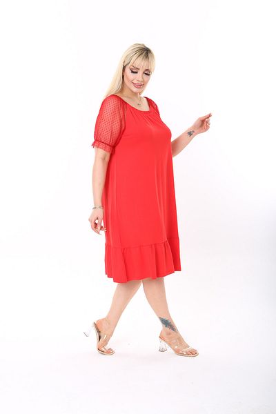 XL Modam Xlmodam Women's Large Size Red Lycra Viscose Madonna Model Sleeve Tulle Detailed Dress