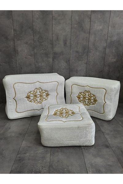 Bonny Home Rumeli Cream Gold Embroidered Dowry Set 3 τεμαχίων, Αρραβώνας γάμου, Υπόσχεση, Πακέτο, Νύφη, Γαμπρός, Πορτοφόλι