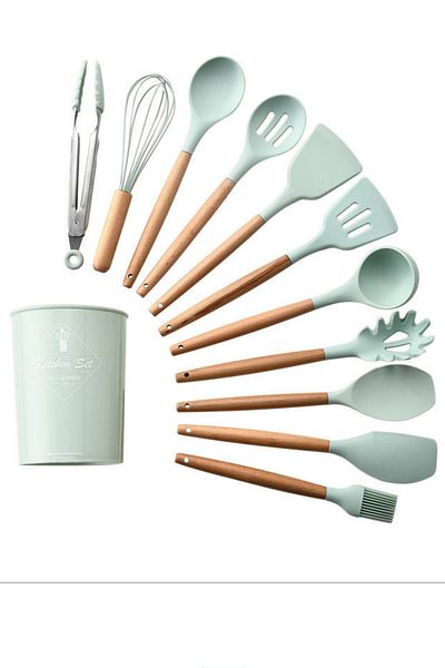 Kamardey Heat Resistant Fireproof Non-Stick 11 Piece Silicone Tipped Wooden Handle Kitchen Set And Storage Box