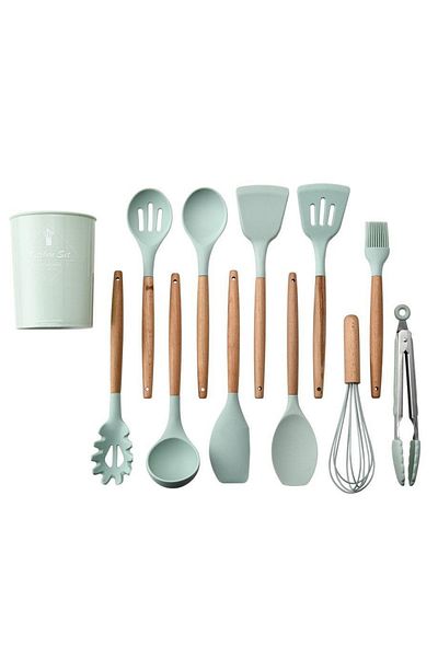 Kamardey Heat Resistant Fireproof Non-Stick 11 Piece Silicone Tipped Wooden Handle Kitchen Set And Storage Box