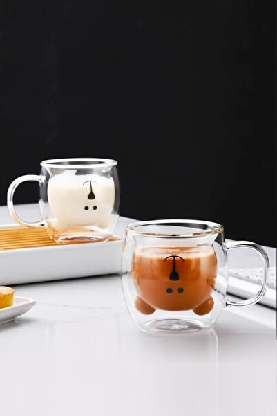 Snippy 2'li Ayıcık Tasarımlı Çift Cidarlı Cam Kupa Bardak 250 Ml, Çift Cidarl...