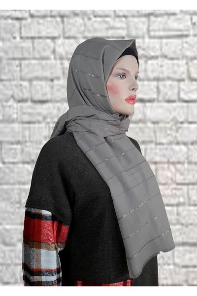 Modakaşmir Fashionable Cashmere Stripe Glitter Dark Gray Shawl