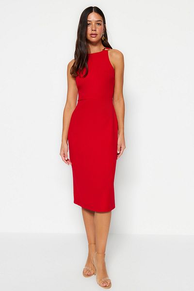 Trendyol Collection Rotes Midikleid – Kragen mit Accessoire-Detail, gewebter Bleistiftrock TWOSS23EL02115