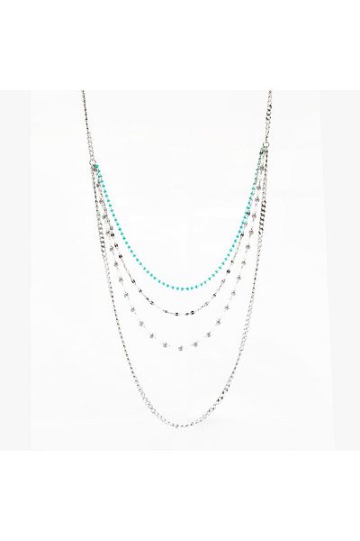 Tesbihane Silver Color Non-Tarnish Metal Chain Turquoise-Pearl Natural Stone Combination 3-Piece Women's Necklace
