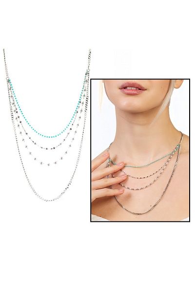 Tesbihane Silver Color Non-Tarnish Metal Chain Turquoise-Pearl Natural Stone Combination 3-Piece Women's Necklace