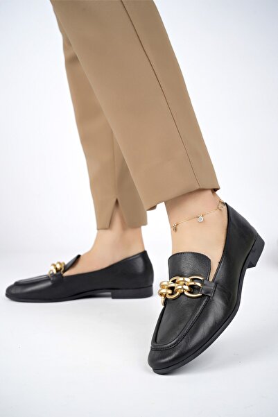Deripabuc Hakiki Deri Siyah Kadın Deri Loafer Ayakkabı Dp17-pk8