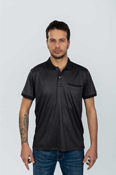 Moda Işık Чорна футболка з кишенями та візерунком на комірі