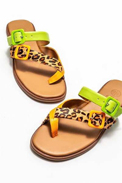 Elle Shoes Turuncu Deri Kadın Düz Parmak Arası Terlik