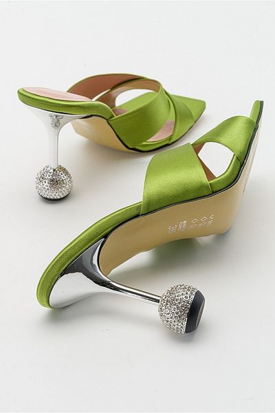 LuviShoes Wold Green Satin Women's Heeled Slippers