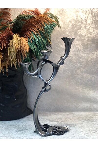 Dekoromi Etnik Desenli Şamdan Gümüş 1 Adet (39x20cm) Ev Ofis Dresuar Ünite Ra...