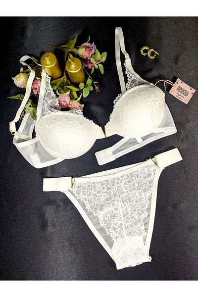 red iç giyim Lace Embroidered Soft Cup Ecru Bra Panty Set