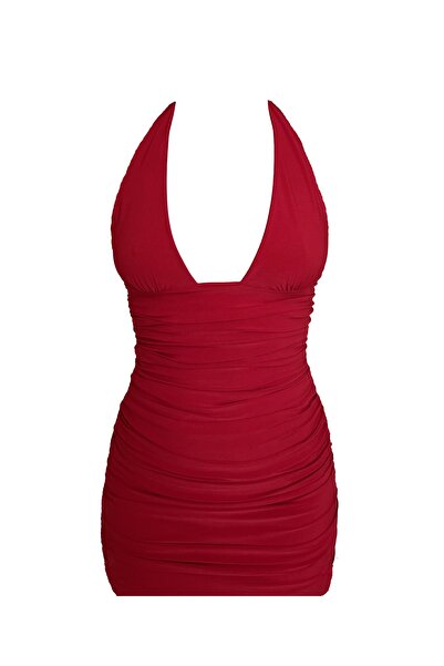 Beyond And More Kırmızı Derin Göğüs Dekolteli Drapeli Büzgülü Mini Abiye/gece Elbisesi