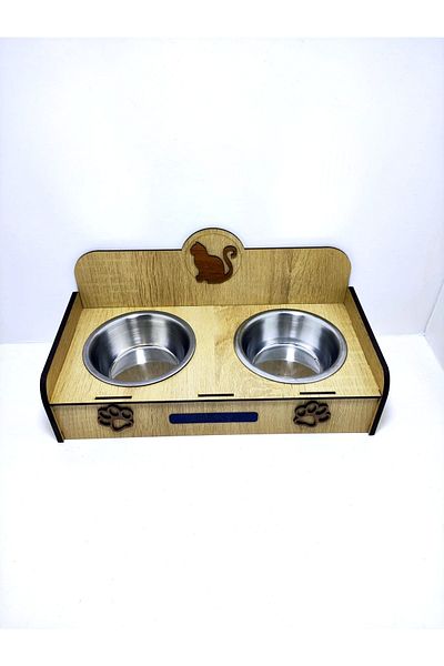 EMSE Double Wooden Steel Paw Patterned Food Bowl