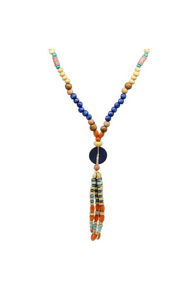 Tesbihane Ethnic Design - Authentic Necklace with Wooden Combination and Blue Transitional Wheels