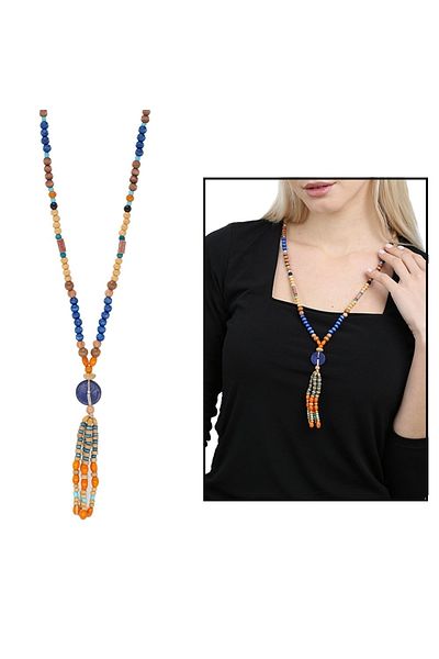 Tesbihane Ethnic Design - Authentic Necklace with Wooden Combination and Blue Transitional Wheels