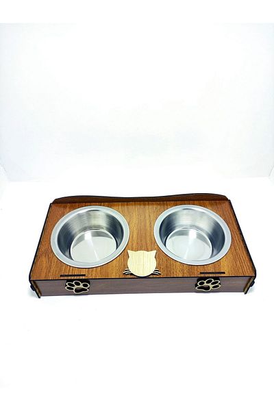 EMSE Double Wooden Steel Paw Patterned Food Bowl