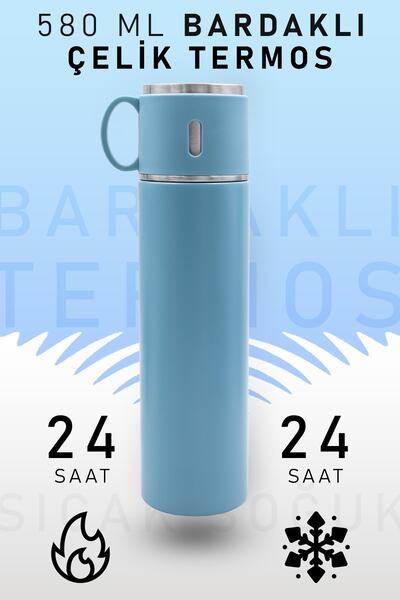 İkon store 580 Ml Mavi Bardaklı Çelik Termos