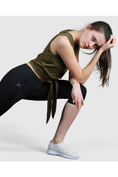HALVMAN Women's Crop Athlete Athlete Tied at Belly Khaki Athlete Hlv1338