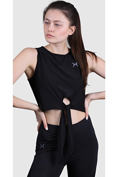 HALVMAN Women's Crop Athlete Undershirt Black with Belly Tie Hlv1338
