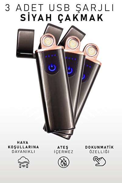 İkon store 3 Adet Çift Taraflı Elektrikli Usb Şarjlı Siyah Çakmak