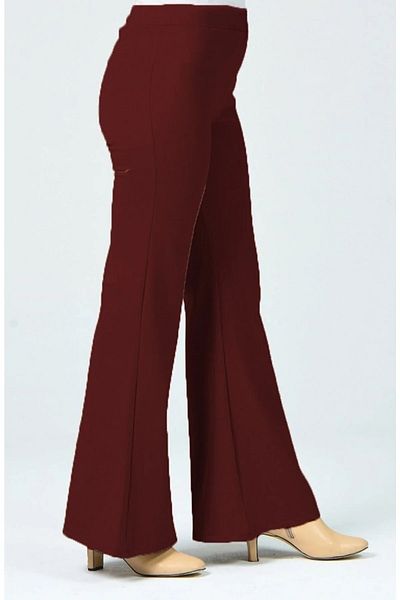 ModaDNZ Women's Burgundy Extra High Waist Gathering Flared Leg Diver Fabric Leggings Trousers