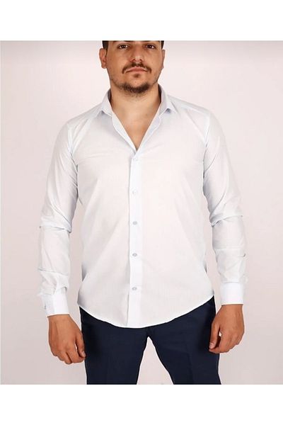 FATELLA Men's Pocketless Long Sleeve Classic Regular Fit White Shirt