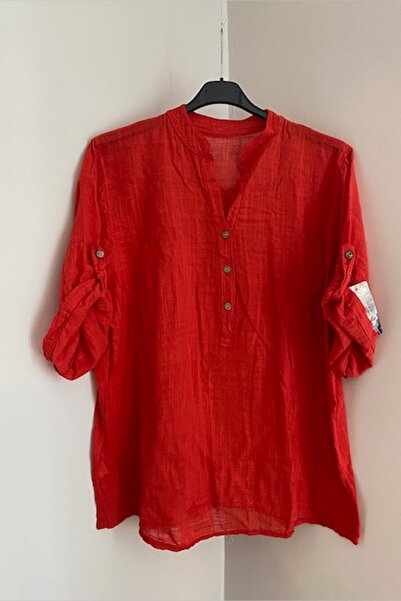 AYASOFYA OTANTIK Γυναικεία Ιταλική Μπλούζα με Λεπτομέρεια Κόκκινου Κουμπιού κ...