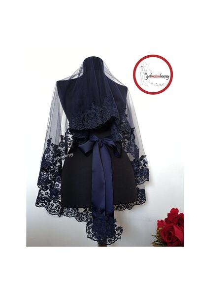 Gelincimherşey Navy Blue Lace Bridal Veil Gloves Sash Complete Set