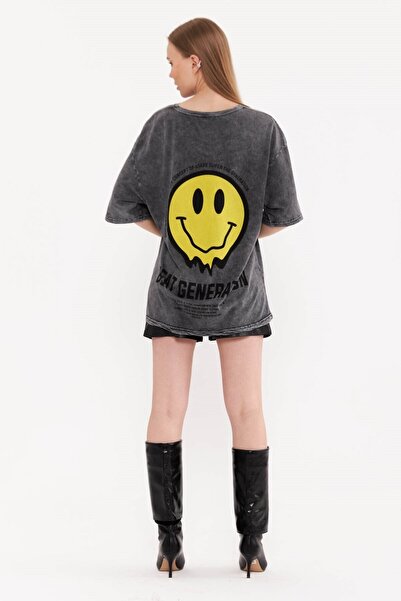 THIMOON Women's Gray Printed One Size Crew Neck Oversize T-shirt