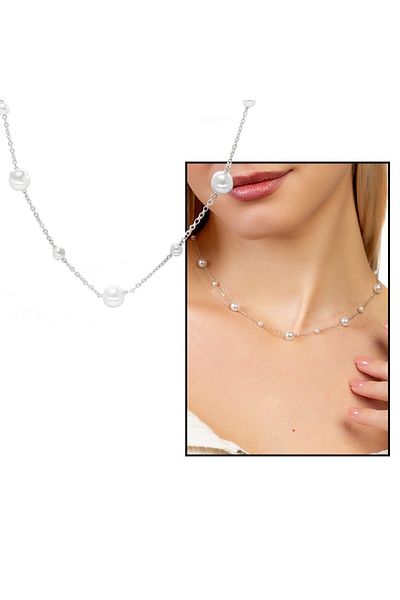 Tesbihane Silver Color Non-Tarnish Metal Chain Pearl Natural Stone Combination Women's Necklace