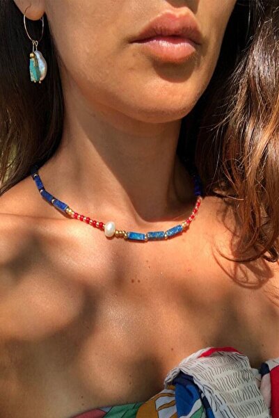 Nelleovana Lapis Lazuli + Kırmızı Akik + Inci Doğal Taş Kolye