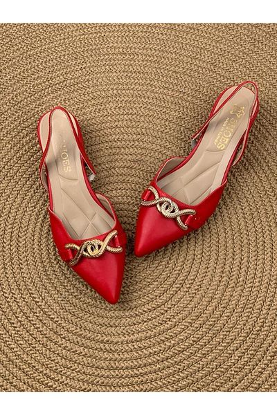 Difolia Beret Red Buckle Pointed Toe Sandals Slippers Low Heel