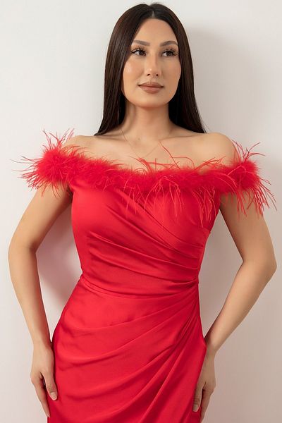 PULLIMM Rochie cu guler creponat din satin cu pene 13414