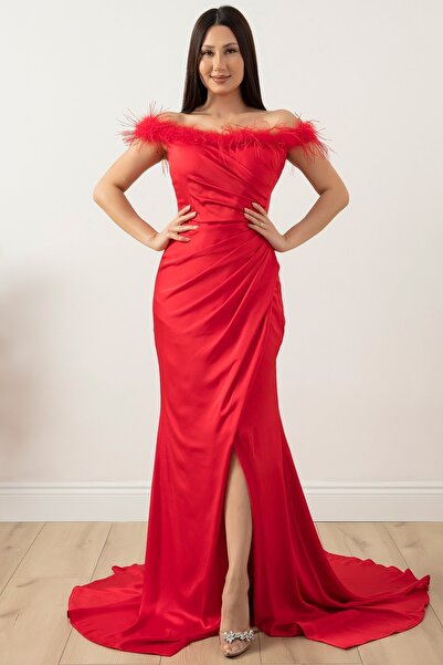 PULLIMM Satin Crepe Collar Feather Slit Dress 13414