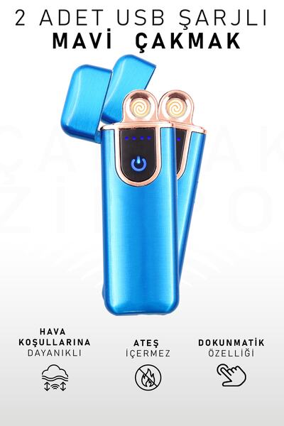 İkon store 2 Adet Çift Taraflı Elektrikli Usb Şarjlı Mavi Çakmak