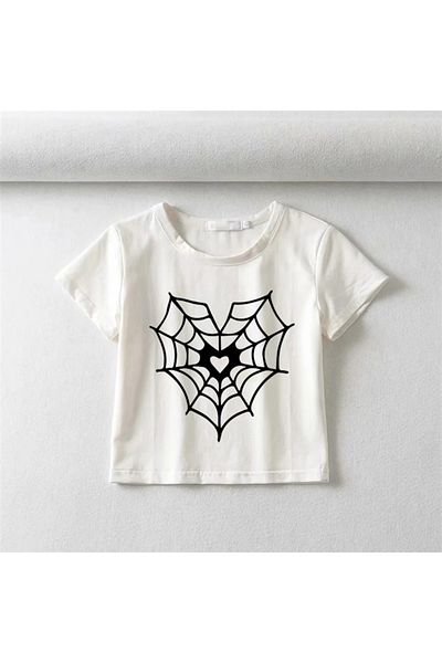 Touz Black Heart Web Printed White Crop - zolid ρούχα