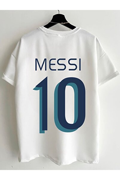 Stadium تي شيرت أبيض برقبة دائرية كبير الحجم مطبوع عليه ميسي للجنسين