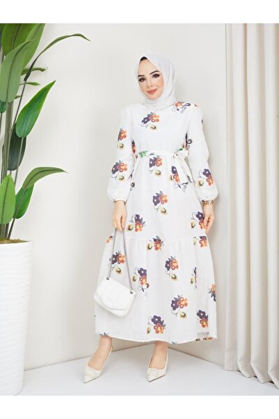 benguen 8183 فستان من الكتان المنقوش باللون البرتقالي