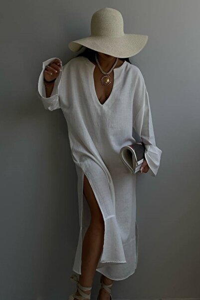 lovebox Rochie albă de damă cu mâneci bufante și decolteu în V 23s25040