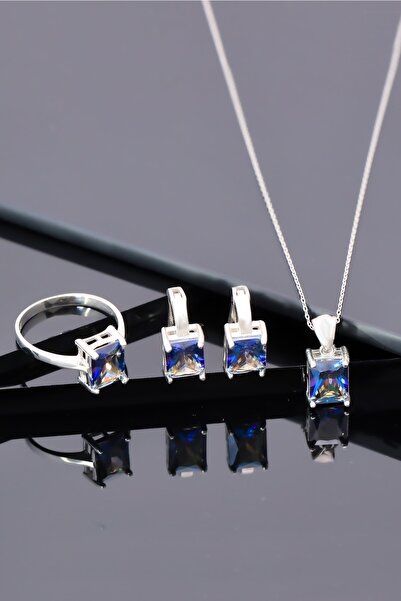 Miavi Silver 925 Ayar Gümüş Mavi Mistik Baget Taşlı Kolye Küpe Yüzük Takı Seti