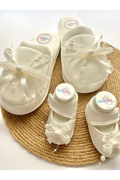 irembaby طقم الأمومة للأم والطفل باللون الأبيض مع أحذية أطفال بتصميم خاص من اللؤلؤ