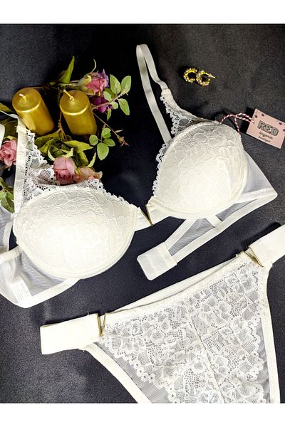 red iç giyim Lace Embroidered Soft Cup Ecru Bra Panty Set