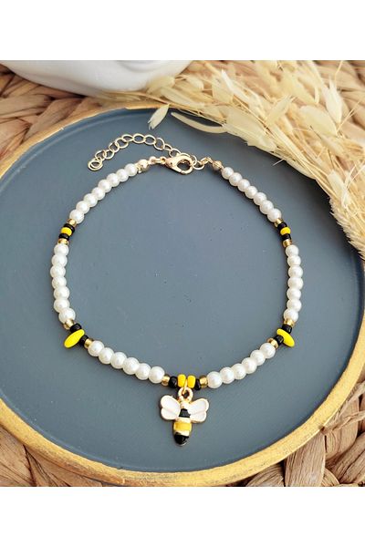 HALHALMILL Women's Enameled Bee Dangle Pearl Anklet