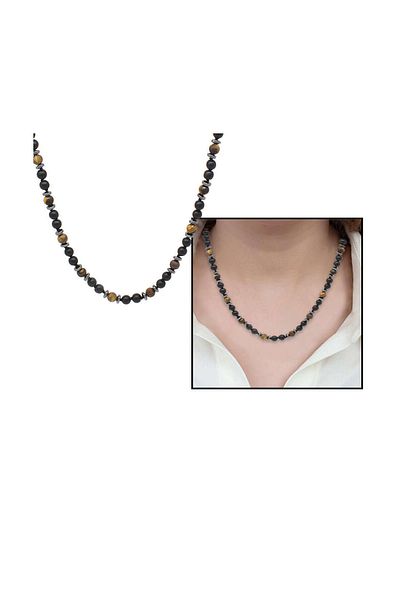 Tesbihane Macrame Braided Tiger Eye-onyx-hematite Combination Natural Stone Women's Necklace